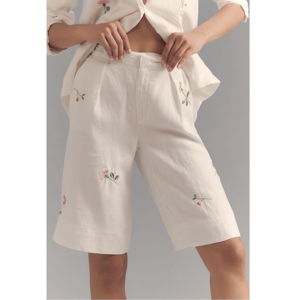 Anthropologie Linen Embroidered Girlhood Bermuda Shorts White Floral Size 6